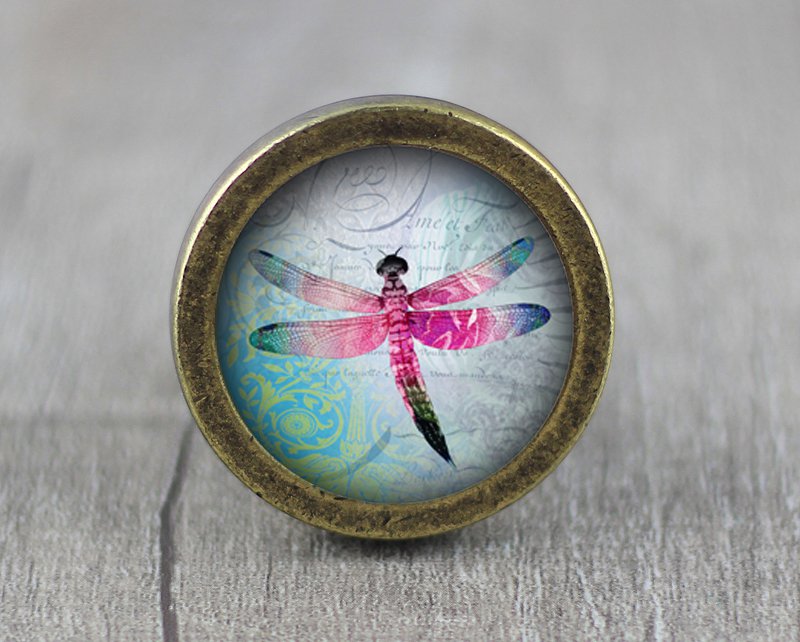 Butterfly Glass Cabochon Bronze cabinet Dresser Knobs pull / Dresser Pull