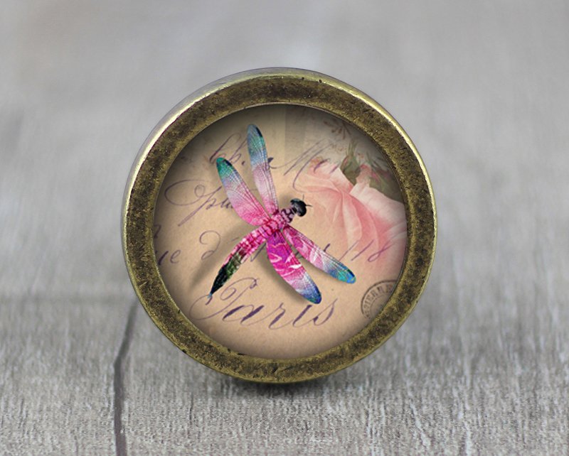 Butterfly Glass Cabochon Bronze cabinet Dresser Knobs pull / Dresser Pull