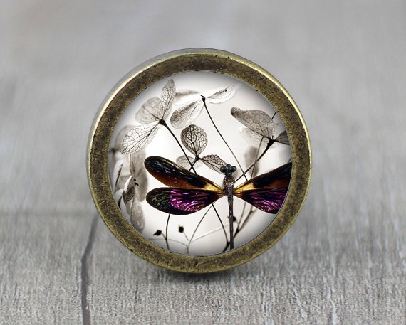 Butterfly Glass Cabochon Bronze cabinet Dresser Knobs pull / Dresser Pull