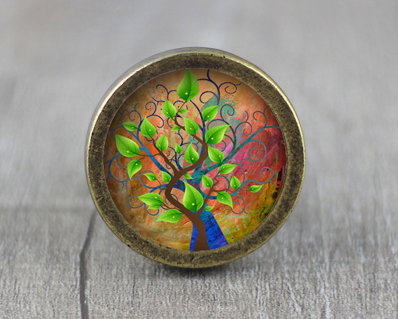 Life of Tree Glass Cabochon Bronze cabinet Dresser Knobs pull / Dresser Pull