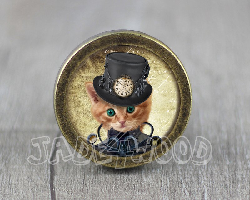 Cat Glass Cabochon Bronze cabinet Dresser Knobs pull / Dresser Pull