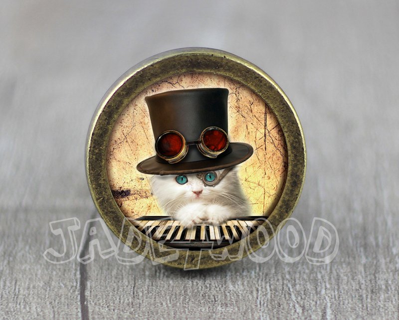 Cat Glass Cabochon Bronze cabinet Dresser Knobs pull / Dresser Pull
