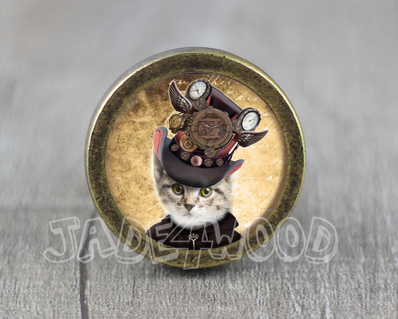Cat Glass Cabochon Bronze cabinet Dresser Knobs pull / Dresser Pull