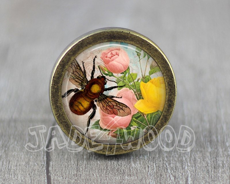 Bee Glass Cabochon Bronze cabinet Dresser Knobs pull / Dresser Pull
