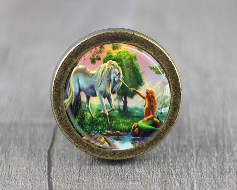 Unicorn Glass Cabochon Bronze cabinet Dresser Knobs pull / Dresser Pull