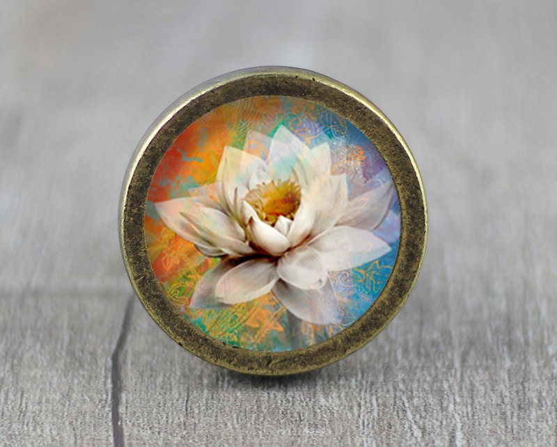 Lotus Flower Glass Cabochon Bronze cabinet Dresser Knobs pull / Dresser Pull