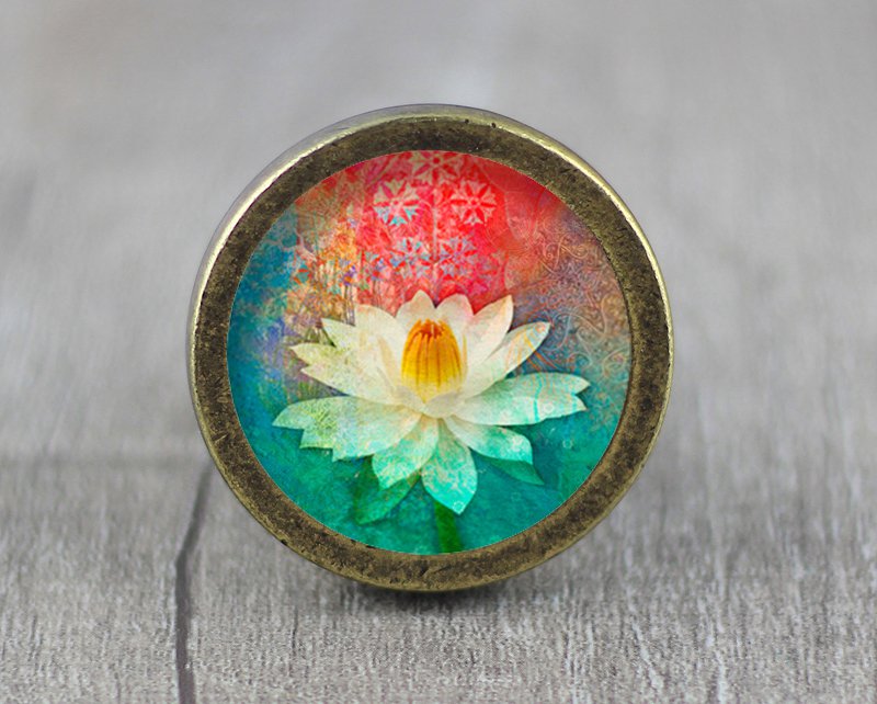 Lotus Flower Glass Cabochon Bronze cabinet Dresser Knobs pull / Dresser Pull
