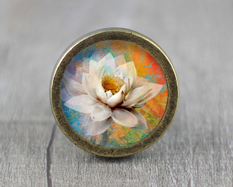 Lotus Flower Glass Cabochon Bronze cabinet Dresser Knobs pull / Dresser Pull