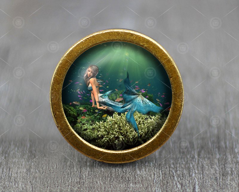 Mermaid Glass Cabochon Bronze cabinet Dresser Knobs pull / Dresser Pull