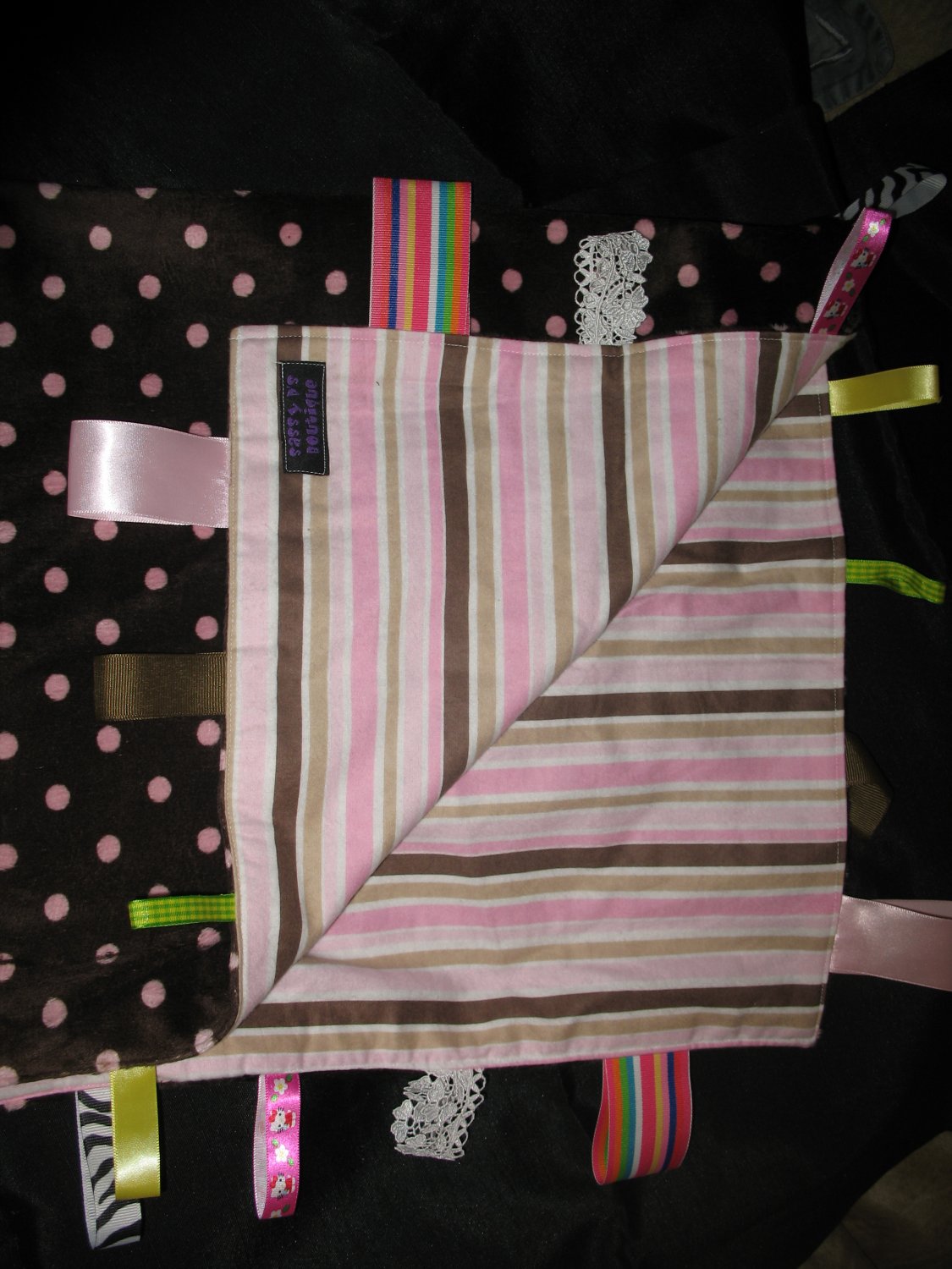 Stripes and Minky Crib size Taggie Blankie