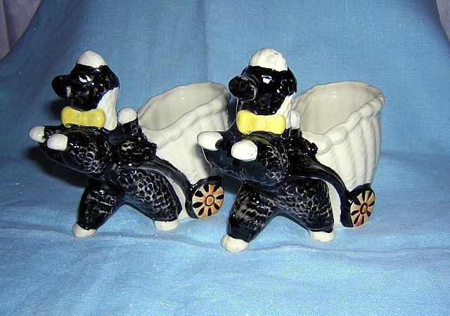 Pair of black poodles pulling basket carts made in Japan vintage planters or holders hc1080