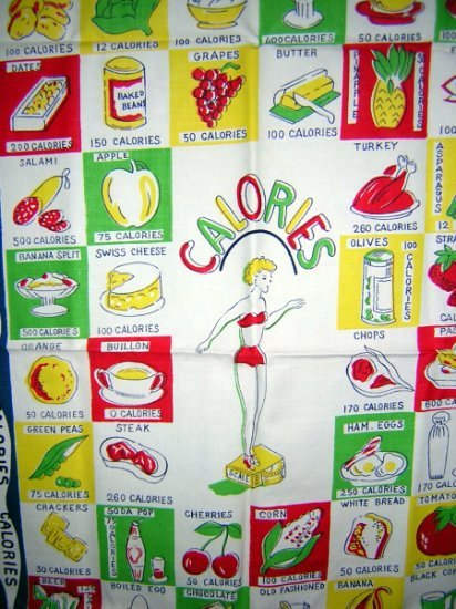 Calories bathing beauty on scale towel 1940s-50s unused vintage hc1232