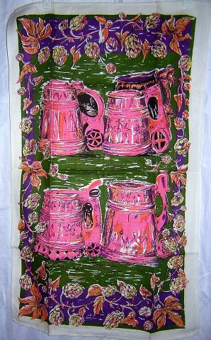Linen towel antique tankards pink plum green unused vintage hc1247