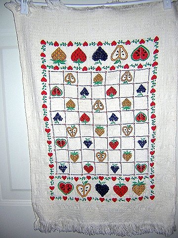 Woven cotton towel hearts fruits on checkerboard unused hc1510
