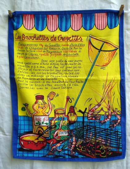 Les Brochettes de Crevettes recipe tea towel in French unused hc1744