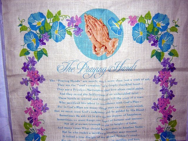1978 Praying hands calendar towel Helen Steiner Rice morning glories hc1770