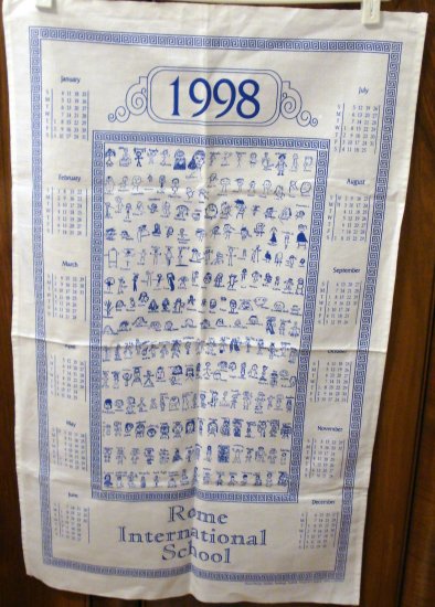 1998 Rome International School calendar towel stick figure students unused hc2053