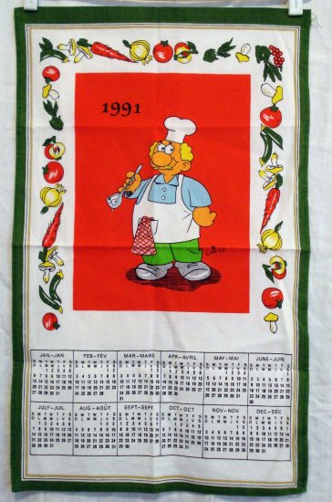 1991 calendar towel by Luis Ce tasting fat chef and vegetables unused hc2054