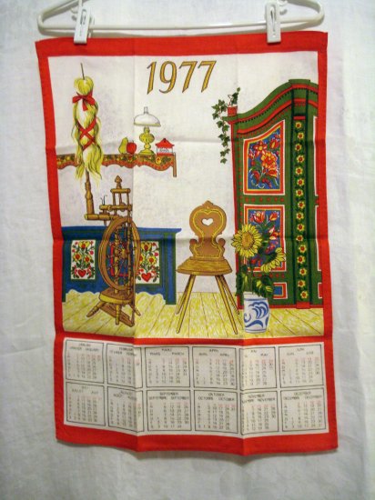 1977 Trilingual calendar tea towel Tyrol motifs unused vintage hc2343
