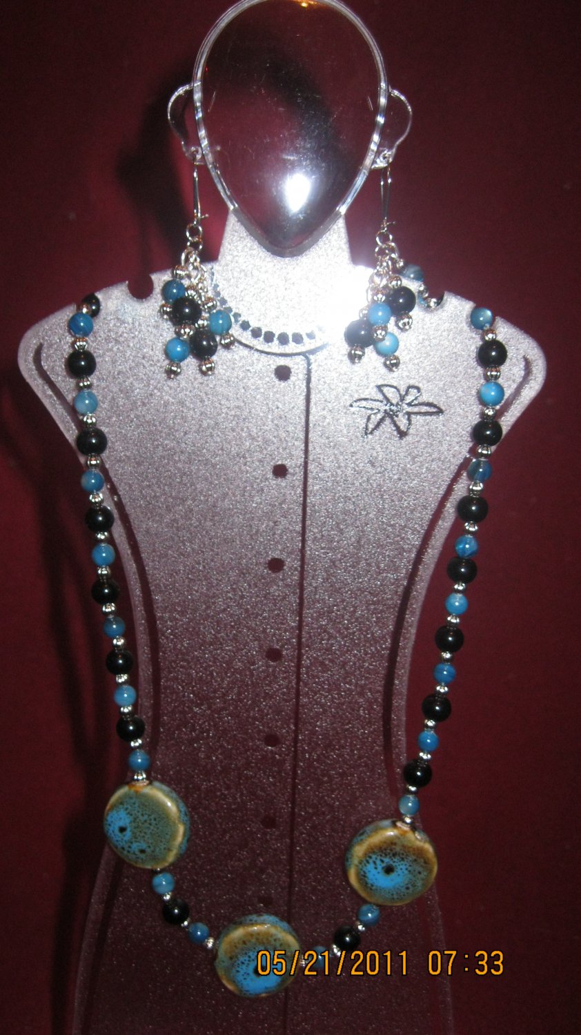 Blue and Brown Porcelain Beaded Necklace and Earrings Set