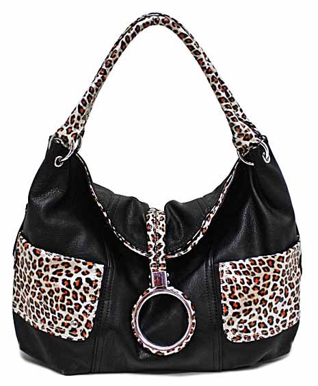 Leopard print details on simulated leather hobo