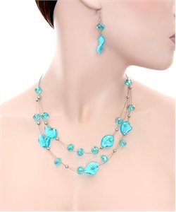 AQUA DOUBLE LINE WIRED MURANO GLASS FASHION NECKLACE SET FSN1314BL