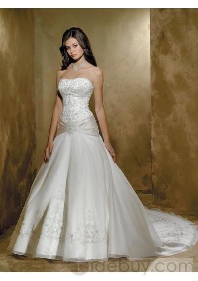 strapless Sleeveless Embroidery Organza Floor-length Chapel Train New Wedding Dress { 00208497}