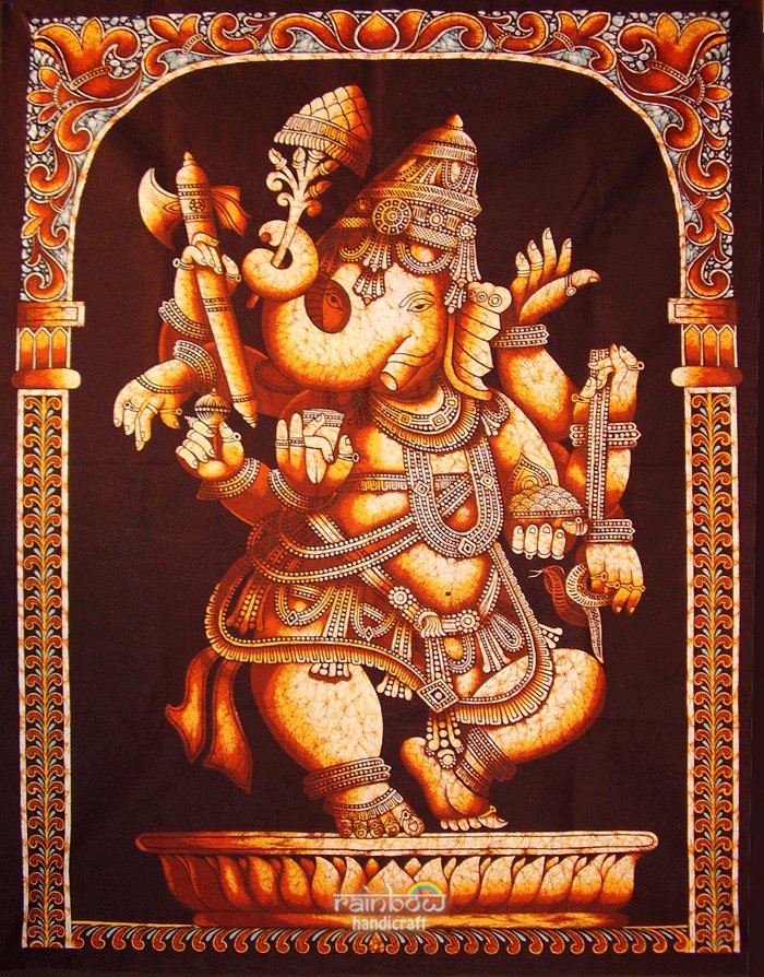 hindu cotton batik painting dancing Ganesh ganesha wall hanging