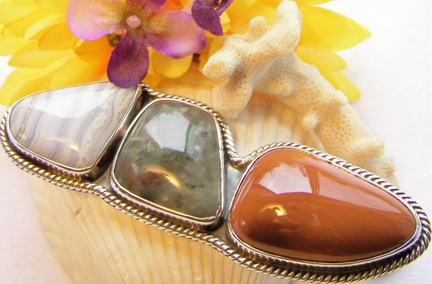 Large Agate, Bloodstone & Tourmaline 925 Silver Pendant