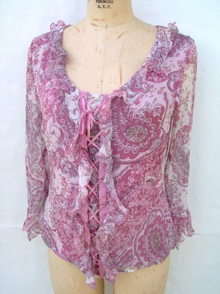 Sioni faux lace up corset ruffled scoop neck silk top size S