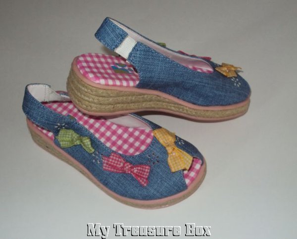 RACHEL Denim Bows SANDALS CORK WEDGE 7 M