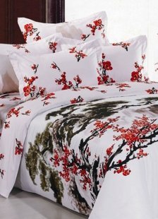 Quality White 4-pc Chinese Flower Painting Cotton Floral Bedding Set
