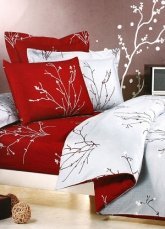 4-pc Grey And Red Jacquard Floral Satin Drill Cotton Satin Duvet Cover Bedding Set