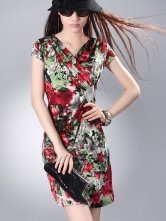 Pretty Green And Red Floral Print Meryl V-neck Womens Dress
