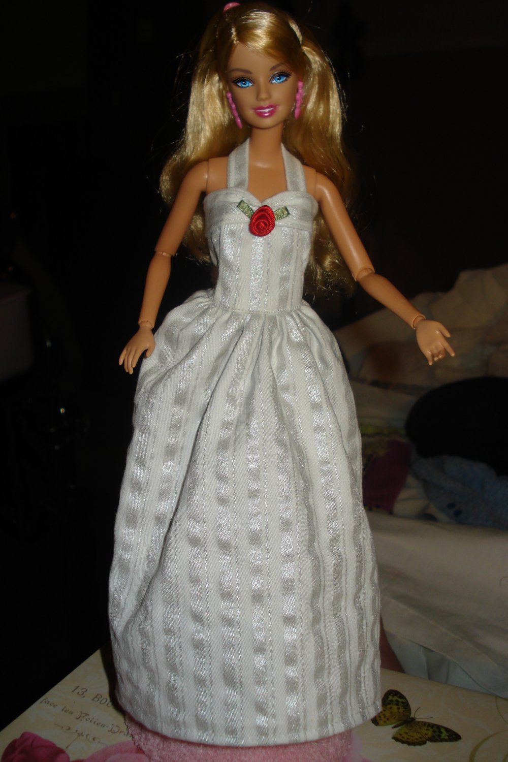 Metalic silver and white striped formal dress for Barbie Dolls - ed05
