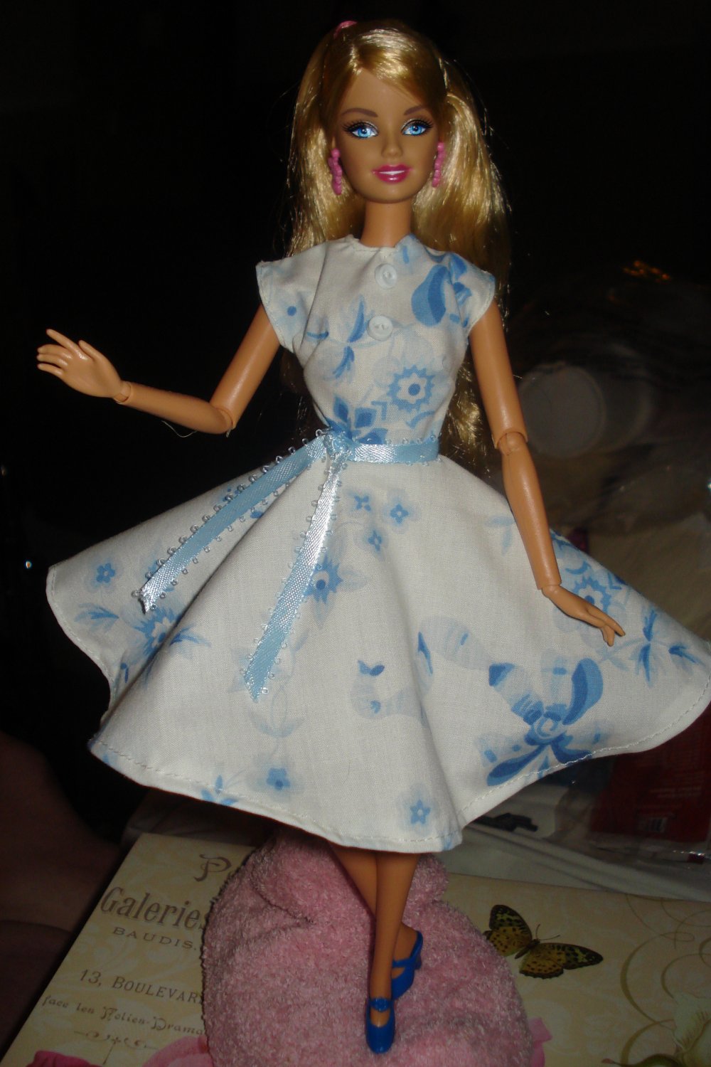Circular skirt dress for Barbie Doll in blue and white floral - ed11