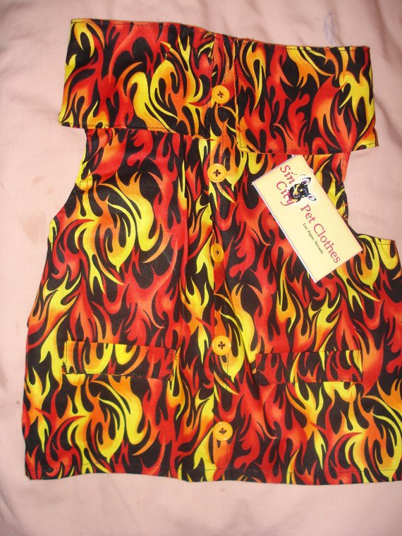 Medium size pet shirt / vest in red, orange, yellow flame print - dd10