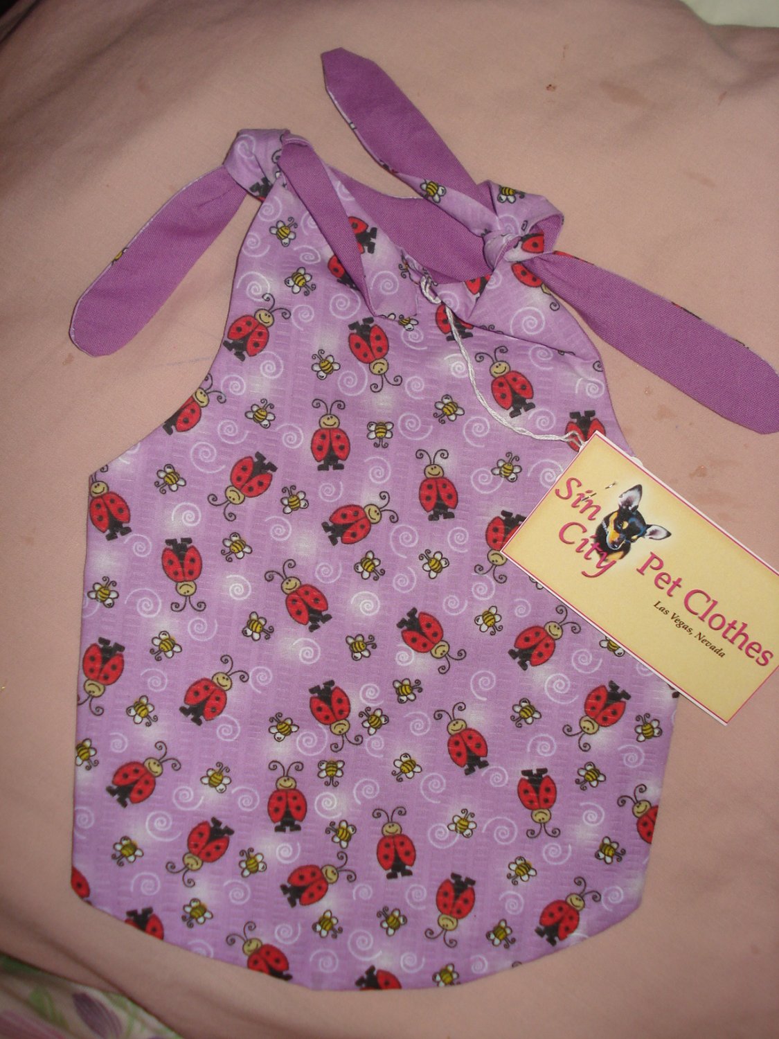 Medium REVERSABLE pet dress in purple with red lady bugs - dd04