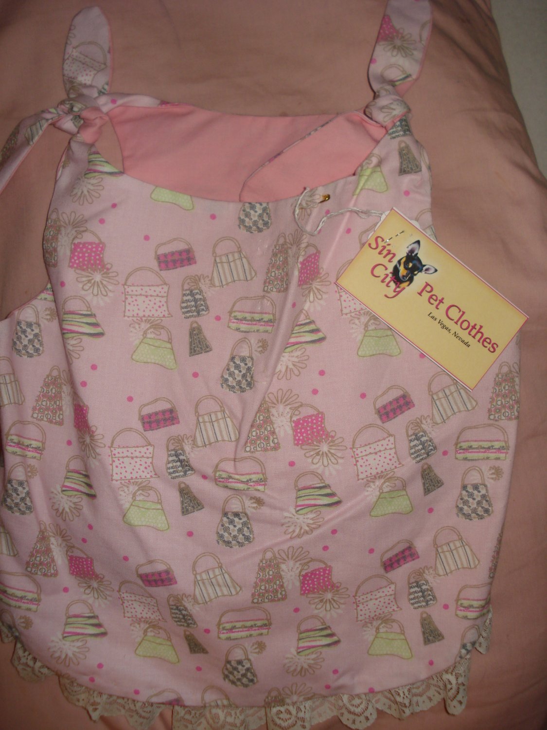 Large REVERSABLE Pet dress in pink purse print with lace trim - dd05
