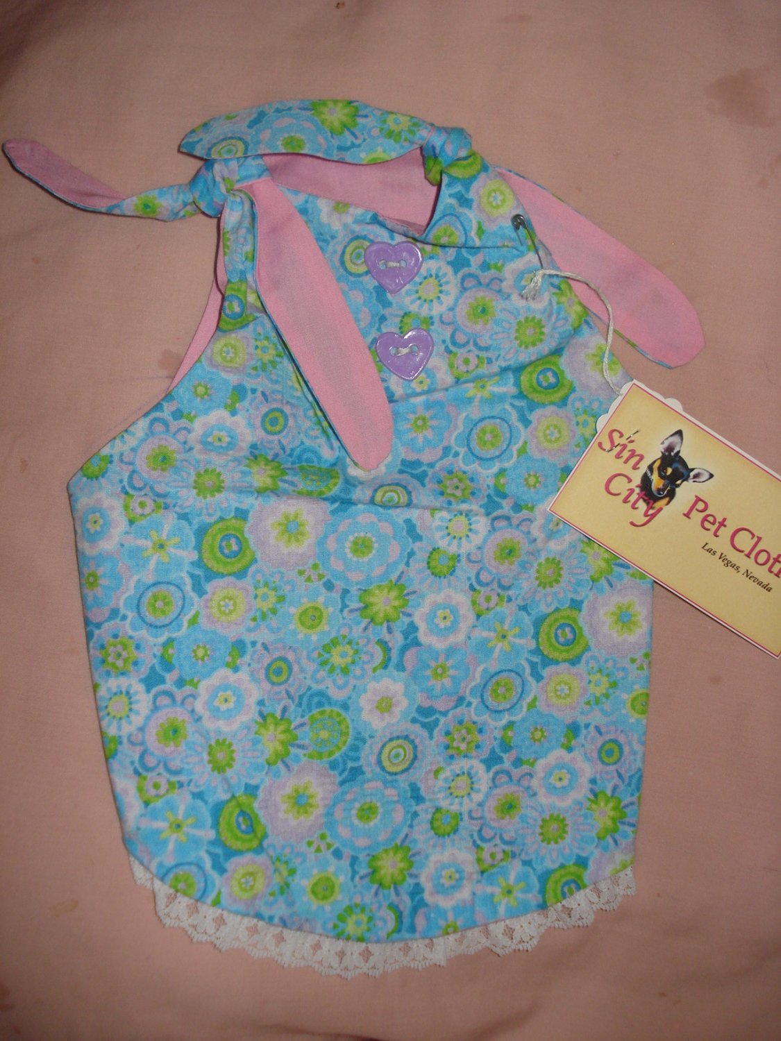 Medium pet dress in blue floral with lace trim - dd04