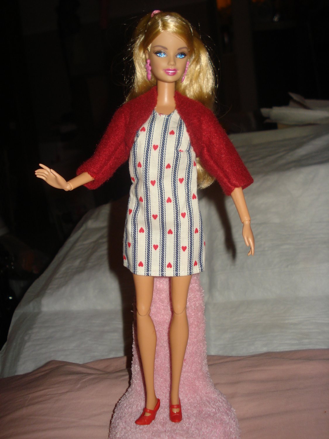 Short red heart print dress and maroon jacket for Barbie Doll - ed90