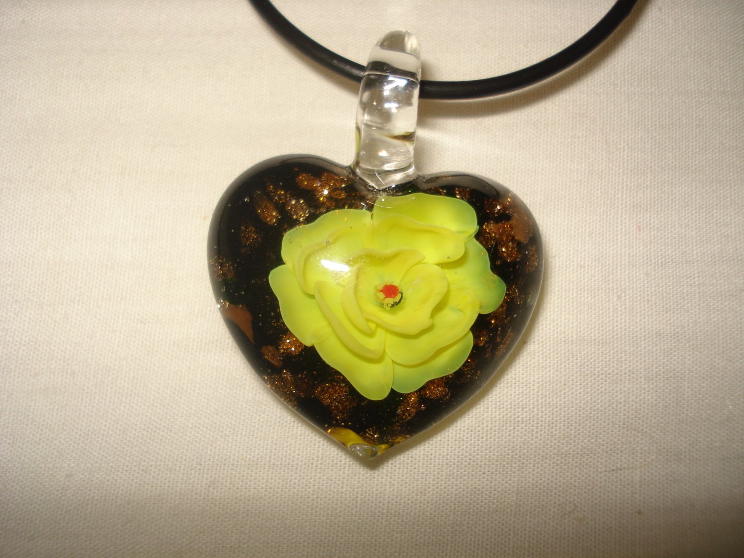 Yellow rose puffy glass heart pendant - eg08