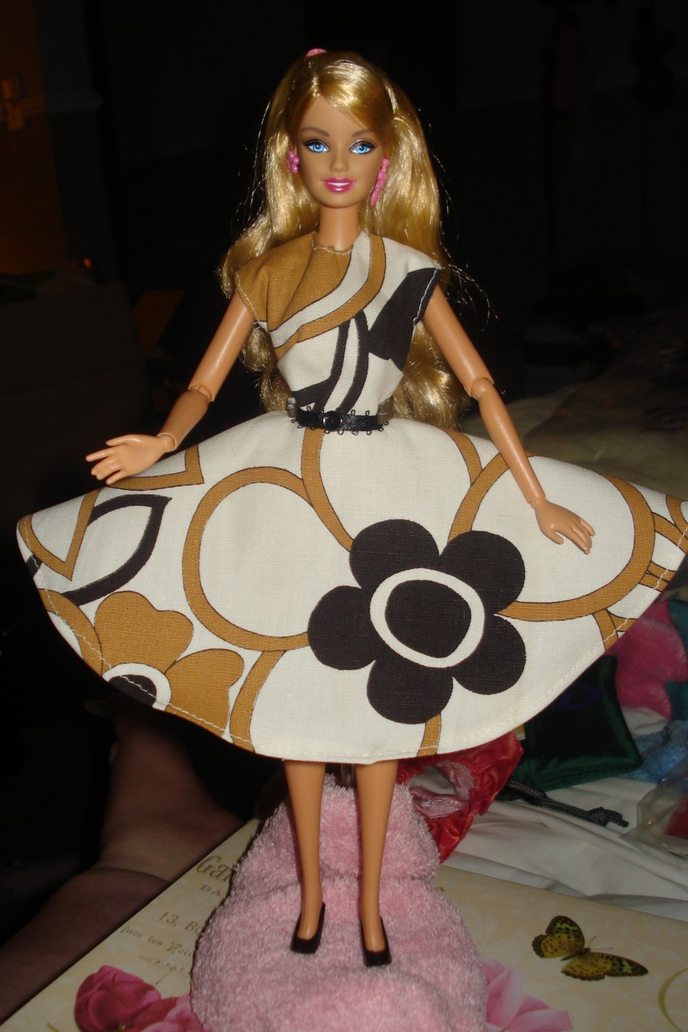 Circular skirt dress in abstract floral multi-color print for Barbie - ed18