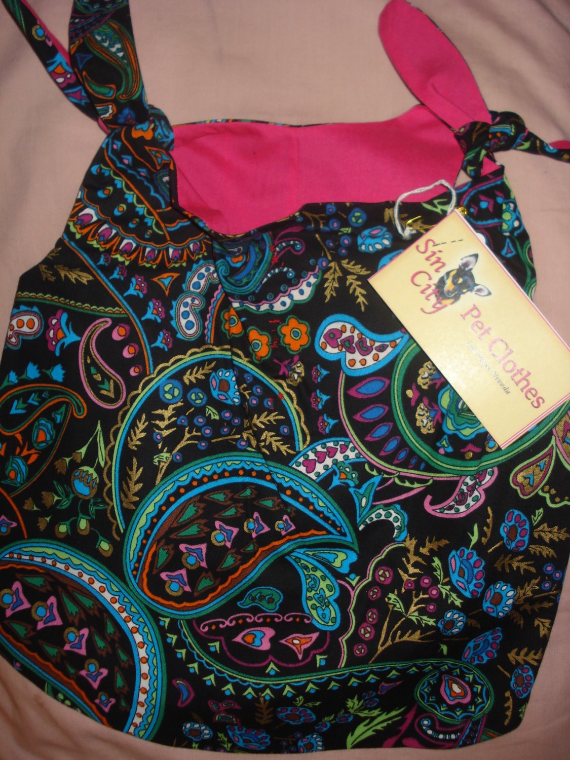 Large REVERSABLE pet dress in black & multi-colored paisley print - dd05
