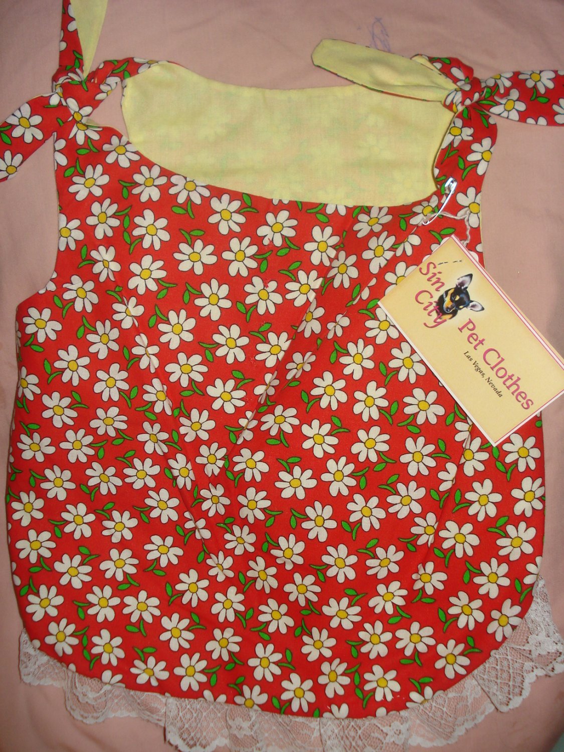 Large REVERSABLE pet dress in red with yellow daisies - dd05