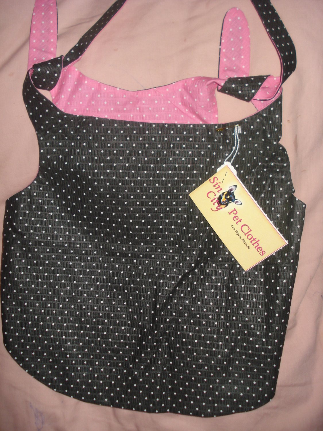 Large REVERSABLE pet dress in pink & black with polka dots - dd05