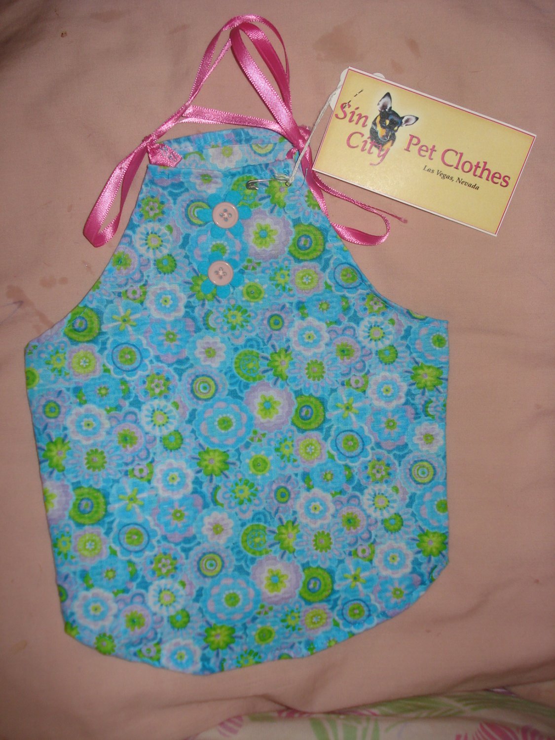 Small size pet dress in blue floral with pink ribbon ties - dd01