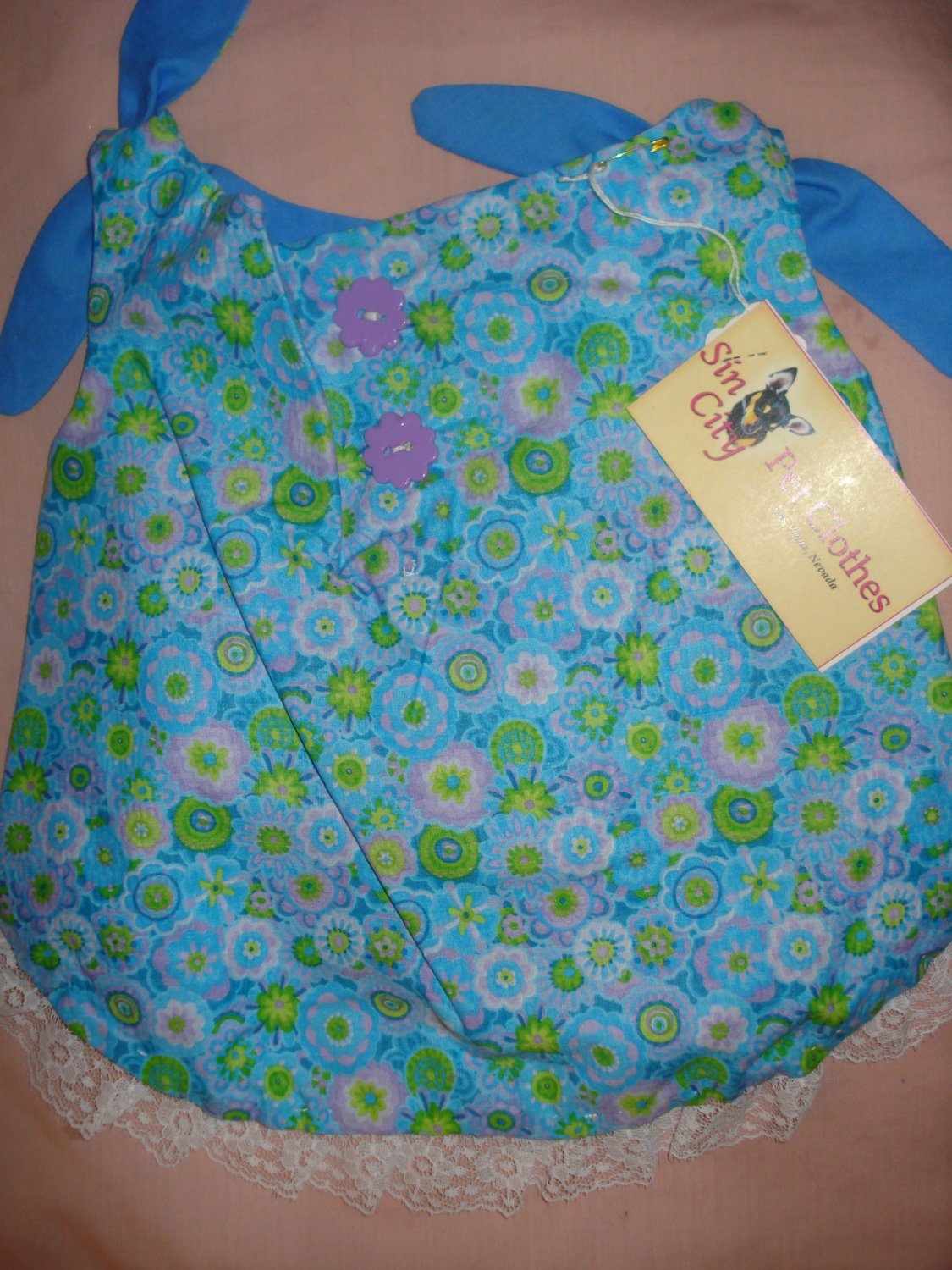 Large REVERSABLE Pet dress in blue floral print with lace trim - dd05