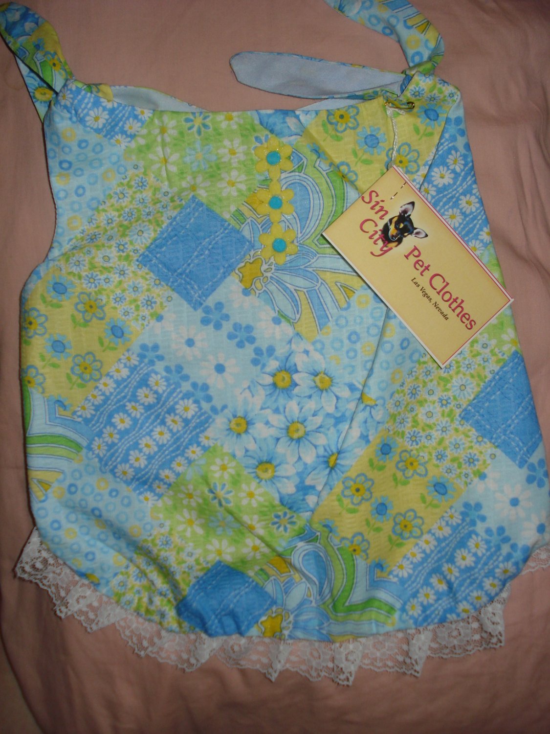 Large REVERSABLE Pet dress in blue and yellow floral patchwork print - dd05