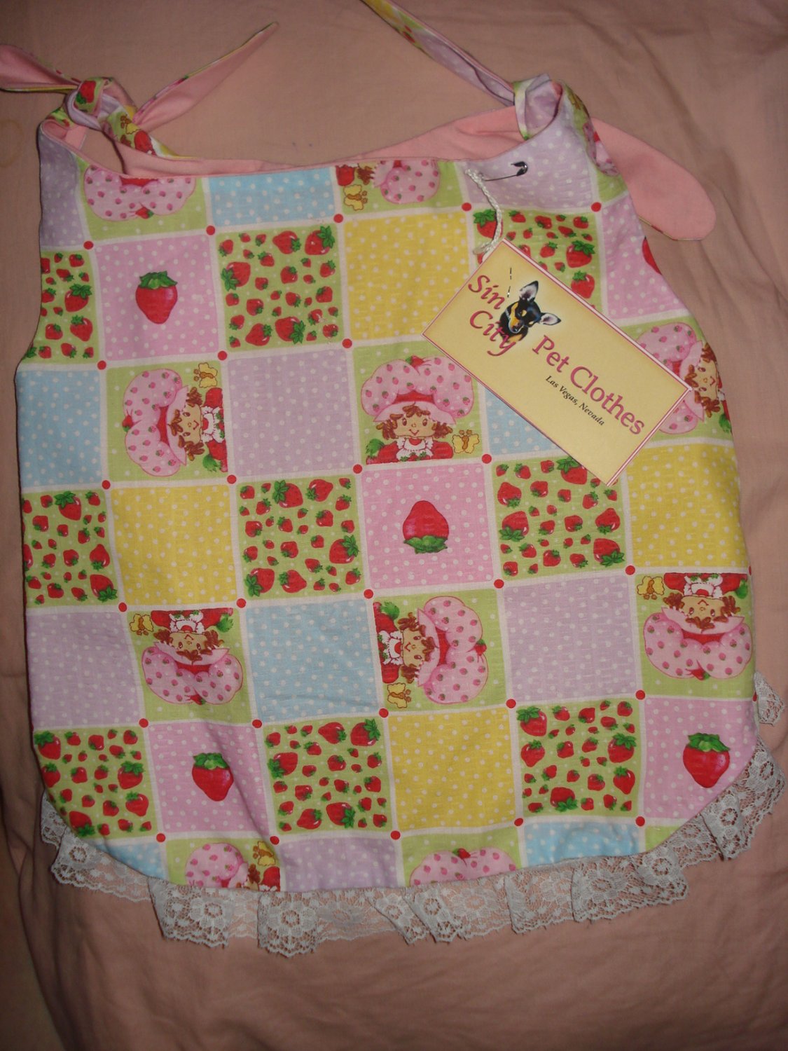 Large REVERSABLE Pet dress in red, yellow, pink, blue Strawberry Shortcake patchwork print - dd05